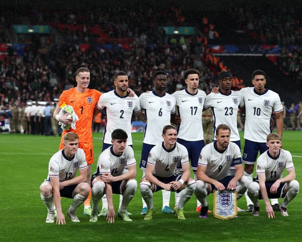 Lewis Hall (bottom left), Tino Livramento (second-bottom left) and Anthony Gordon (bottom right) pictured lining up for England