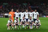 Lewis Hall (bottom left), Tino Livramento (second-bottom left) and Anthony Gordon (bottom right) pictured lining up for England