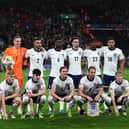 Lewis Hall (bottom left), Tino Livramento (second-bottom left) and Anthony Gordon (bottom right) pictured lining up for England
