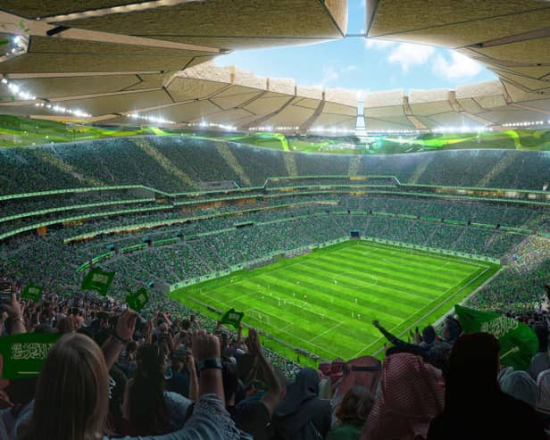 A digital rendering of the proposed King Salman Stadium in Riyadh, Saudi Arabia. With a proposed capacity of 92,000 people, the stadium â designed by Populous - is one of the proposed 2034 FIFA World Cup stadiums that may host the opening ceremony as well as the final. (Photo by Populous via Getty Images)