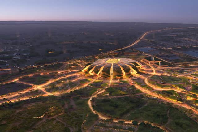 A digital rendering of the proposed King Salman Stadium in Riyadh, Saudi Arabia. With a proposed capacity of 92,000 people, the stadium designed by Populous - is one of the proposed 2034 FIFA World Cup stadiums that may host the opening ceremony as well as the final. (Photo by Populous via Getty Images)