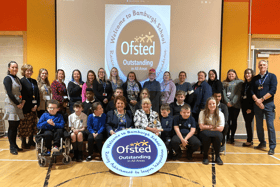 The Mayor and Mayoress of South Tyneside with staff and pupils from Bamburgh School, in South Shields. The school is celebrating being rated as 'Outstanding' in all areas by Ofsted.