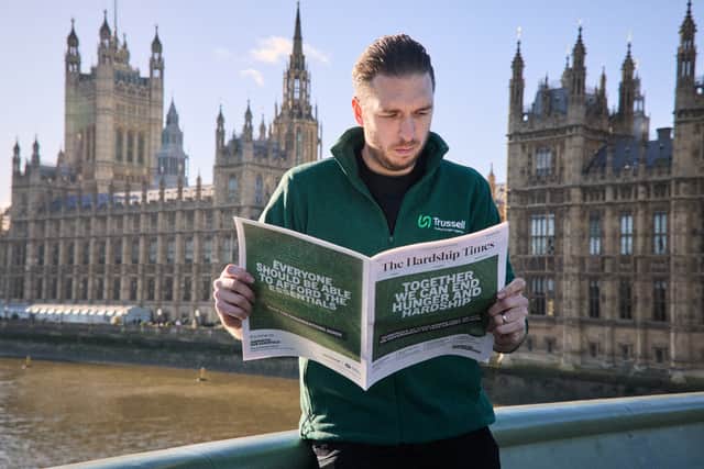 Mark Hoyle at the launch of the charity's The Hardship Times newspaper