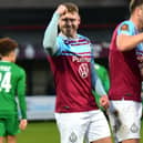 Paul Blackett celebrates after scoring in South Shields 5-1 home win against Farsley Celtic (photo Kevin Wilson)
