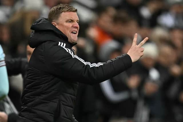 Newcastle United's English head coach Eddie Howe gestures on the touchline during the English Premier League football match between Newcastle United and West Ham United at St James' Park in Newcastle-upon-Tyne, north east England on November 25, 2024. (Photo by Paul ELLIS / AFP)