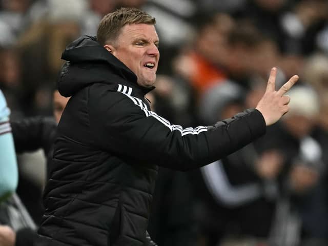 Newcastle United's English head coach Eddie Howe gestures on the touchline during the English Premier League football match between Newcastle United and West Ham United at St James' Park in Newcastle-upon-Tyne, north east England on November 25, 2024. (Photo by Paul ELLIS / AFP)
