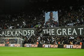 Banners are displayed in the stands in support of Alexander Isak of Newcastle United during the Premier League match between Newcastle United FC and West Ham United FC at St James' Park on November 25, 2024 in Newcastle upon Tyne, England. (Photo by Stu Forster/Getty Images)