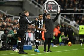 Callum Wilson of Newcastle United looks on whilst being substituted onto the pitch during the Premier League match between Newcastle United FC and West Ham United FC at St James' Park on November 25, 2024 in Newcastle upon Tyne, England. (Photo by Stu Forster/Getty Images)