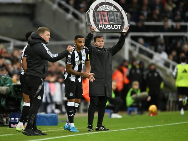 Callum Wilson of Newcastle United looks on whilst being substituted onto the pitch during the Premier League match between Newcastle United FC and West Ham United FC at St James' Park on November 25, 2024 in Newcastle upon Tyne, England. (Photo by Stu Forster/Getty Images)