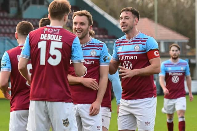South Shields celebrate their first goal in their 2-2 home draw with Peterborough Sports (photo Kevin Wilson)