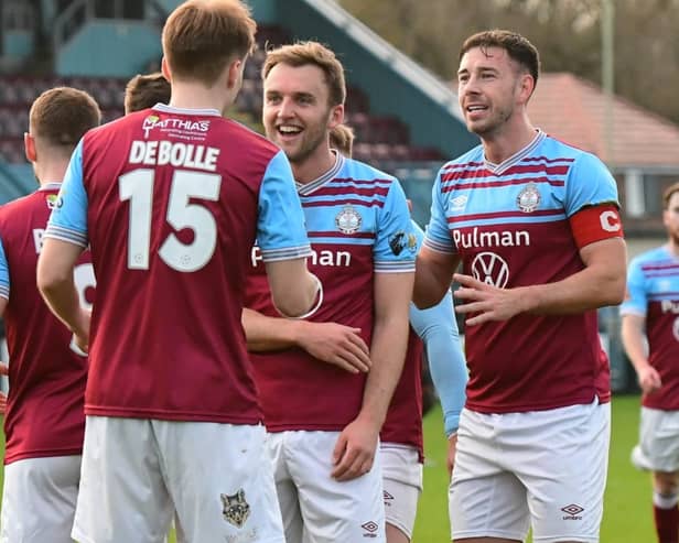 South Shields celebrate their first goal in their 2-2 home draw with Peterborough Sports (photo Kevin Wilson)
