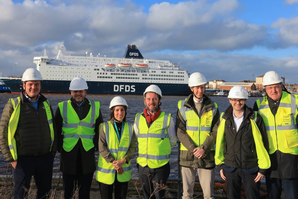 From left: Alexander Coesel and Florian Vreeburg, of KVSA,  Eleni Bougioukou, Port of Tyne, Declan Walsh of DFDS and Tim Scarbrough and Matthew Moss of Ricardo and Peter van de Meerakker, Port of Ijmuiden at the launch the first Green Corridor between England and Holland.