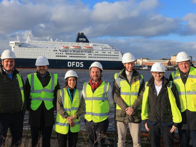 From left: Alexander Coesel and Florian Vreeburg, of KVSA,  Eleni Bougioukou, Port of Tyne, Declan Walsh of DFDS and Tim Scarbrough and Matthew Moss of Ricardo and Peter van de Meerakker, Port of Ijmuiden at the launch the first Green Corridor between England and Holland.