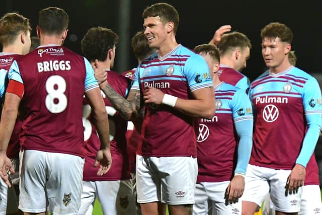 South Shields celebrate after scoring in their 7-0 home win against Rushall Olympic (photo Kevin Wilson)