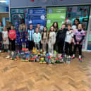 Pupils at West Boldon Primary School with their donations from their 'Boldon in Need' non-uniform day.