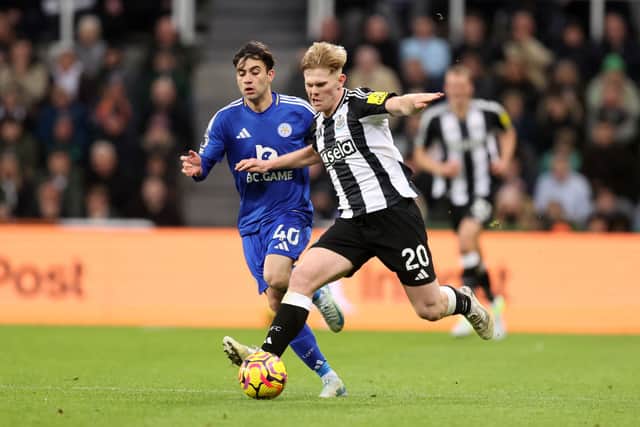 Lewis Hall in action for Newcastle United against Leicester City. 