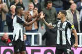 Alexander Isak of Newcastle United celebrates scoring his team's second goal with teammate Bruno Guimaraes during the Premier League match between Newcastle United FC and Tottenham Hotspur FC at St James' Park on September 01, 2024 in Newcastle upon Tyne, England. (Photo by Matt McNulty/Getty Images)
