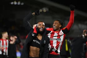 Igor Thiago and Paris Maghoma of Brentford celebrate victory at the end of the Premier League match between Brentford FC and Newcastle United FC at Brentford Community Stadium on December 07, 2024 in Brentford, England. (Photo by Mike Hewitt/Getty Images)