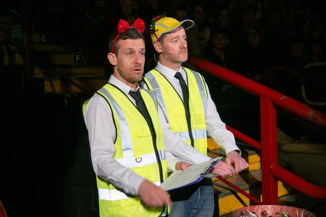Chris Ramsey and Jason Cook during a skit as security guards during the 2024 Laffs4Kids show at the Utilita Arena, in Newcastle.