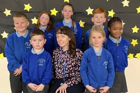 Headteacher Francesca Heslop with pupils from St James’ Catholic Primary School, Hebburn.