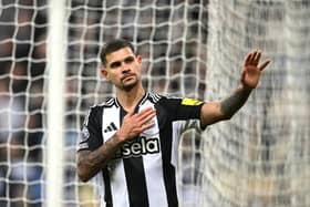 Newcastle player Bruno Guimaraes acknowledges the Newcastle supporters after being substituted during the Premier League match between Newcastle United FC and Leicester City FC at St James' Park on December 14, 2024 in Newcastle upon Tyne, England. (Photo by Stu Forster/Getty Images)
