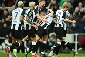 Sandro Tonali celebrates with his Newcastle United teammates after scoring against Brentford. 