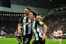 Sandro Tonali celebrates his second goal v Brentford. 