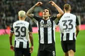 Sandro Tonali of Newcastle United celebrates scoring his team's second goal during the Carabao Cup Quarter Final match between Newcastle United and Brentford at St James' Park on December 18, 2024 in Newcastle upon Tyne, England. (Photo by Michael Regan/Getty Images)