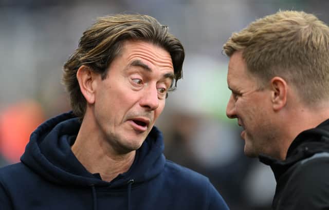 Newcastle head coach Eddie Howe with Brentford head coach Thomas Frank prior to the Premier League match between Newcastle United and Brentford FC at St. James Park on September 16, 2023 in Newcastle upon Tyne, England. (Photo by Stu Forster/Getty Images)