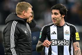 Eddie Howe, Manager of Newcastle United, and Sandro Tonali. (Photo by Michael Regan/Getty Images)