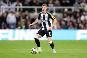 Emil Krafth of Newcastle United on the ball during the Carabao Cup Fourth Round match between Newcastle United and Chelsea at St James' Park on October 30, 2024 in Newcastle upon Tyne, England. (Photo by George Wood/Getty Images)
