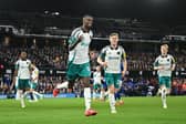 Alexander Isak of Newcastle United celebrates scoring his team's fourth goal, to complete his hat-trick, with teammates during the Premier League match between Ipswich Town FC and Newcastle United. 
