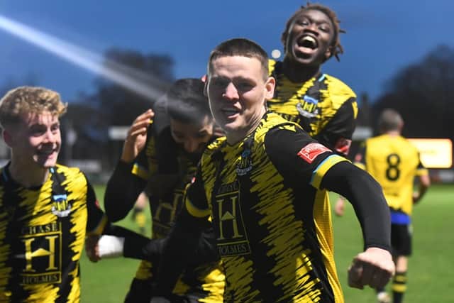 Hebburn Town celebrate as they claimed a 3-1 win against Blyth Spartans (photo Tyler Lopes)