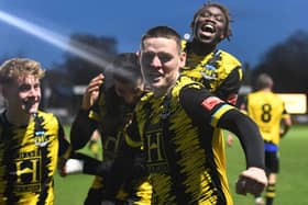 Hebburn Town celebrate as they claimed a 3-1 win against Blyth Spartans (photo Tyler Lopes)
