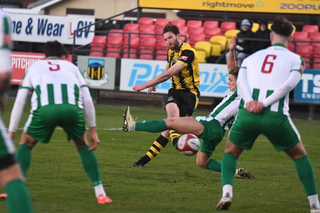Former Blyth Spartans defender Matty Elsdon was on the scoresheet as Hebburn Town claimed a 3-1 win against his old club on Saturday (photo Tyler Lopes)
