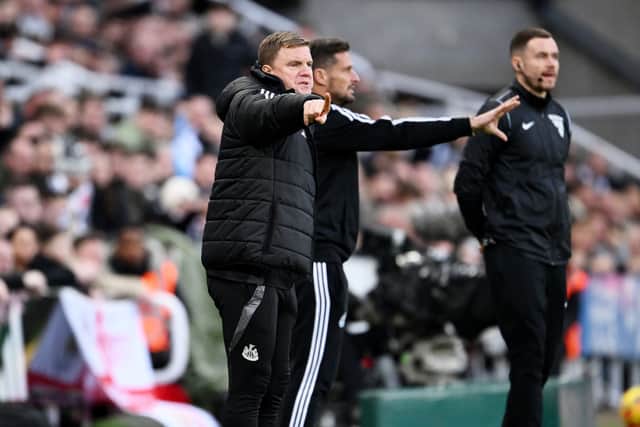 Eddie Howe, Manager of Newcastle United, reacts during the Premier League match between Newcastle United FC and Aston Villa FC at St James' Park on December 26, 2024 in Newcastle upon Tyne, England. (Photo by Stu Forster/Getty Images)