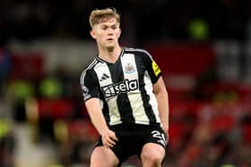 Lewis Hall of Newcastle United during the Premier League match between Manchester United FC and Newcastle United FC at Old Trafford. (Photo by Carl Recine/Getty Images)