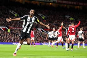 Alexander Isak of Newcastle United celebrates after he scores his team's third goal but it is later disallowed during the Premier League match between Manchester United FC and Newcastle United FC. (Photo by Carl Recine/Getty Images)