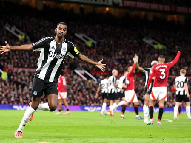 Alexander Isak of Newcastle United celebrates after he scores his team's third goal but it is later disallowed during the Premier League match between Manchester United FC and Newcastle United FC. (Photo by Carl Recine/Getty Images)