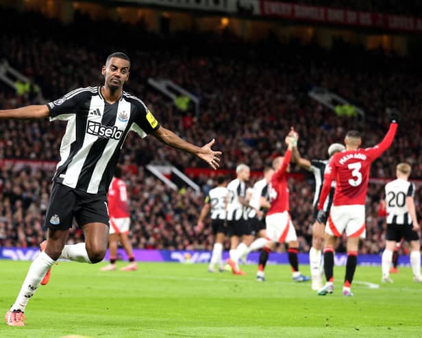 Alexander Isak of Newcastle United celebrates after he scores his team's third goal but it is later disallowed during the Premier League match between Manchester United FC and Newcastle United FC. (Photo by Carl Recine/Getty Images)