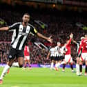 Alexander Isak of Newcastle United celebrates after he scores his team's third goal but it is later disallowed during the Premier League match between Manchester United FC and Newcastle United FC. (Photo by Carl Recine/Getty Images)