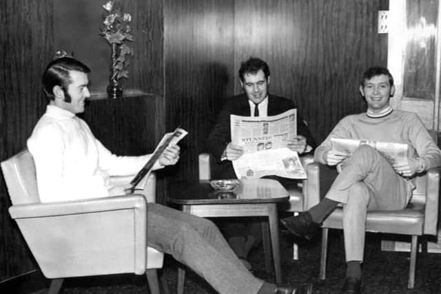 Ronnie Rutherford, Len Smith and Billy Thompson relax in the  hotel before the match.