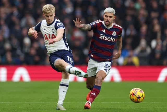 Bruno Guimaraes in action against Tottenham Hotspur.