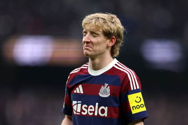 Anthony Gordon of Newcastle United reacts during the Premier League match between Tottenham Hotspur FC and Newcastle United FC at Tottenham Hotspur Stadium on January 04, 2025 in London, England. (Photo by Alex Pantling/Getty Images)