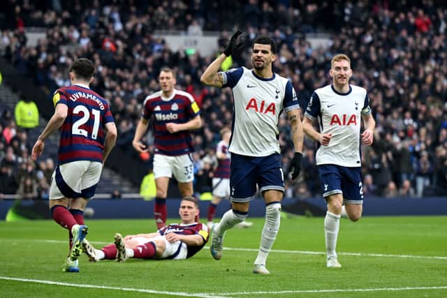 Dominic Solanke of Tottenham Hotspur celebrates scoring his team's first goal with teammate Dejan Kulusevski during the Premier League match between Tottenham Hotspur FC and Newcastle United FC at Tottenham Hotspur Stadium on January 04, 2025 in London, England. (Photo by Shaun Botterill/Getty Images)