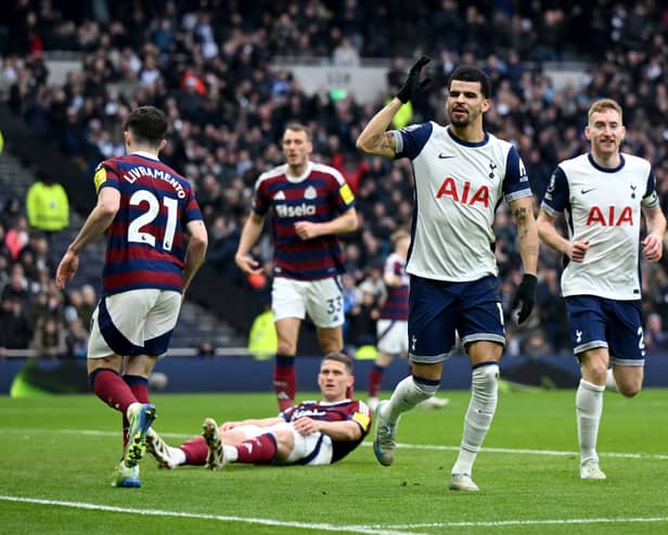 Dominic Solanke of Tottenham Hotspur celebrates scoring his team's first goal with teammate Dejan Kulusevski during the Premier League match between Tottenham Hotspur FC and Newcastle United FC at Tottenham Hotspur Stadium on January 04, 2025 in London, England. (Photo by Shaun Botterill/Getty Images)