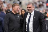 Ange Postecoglou and Eddie Howe. Tottenham Hotspur host Newcastle United in the Premier League this lunchtime.