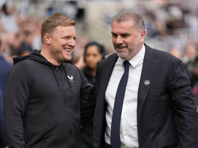 Ange Postecoglou and Eddie Howe. Tottenham Hotspur host Newcastle United in the Premier League this lunchtime.