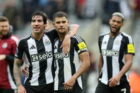 Sandro Tonali (left), Bruno Guimaraes (centre) and Newcastle United teammate Joelinton