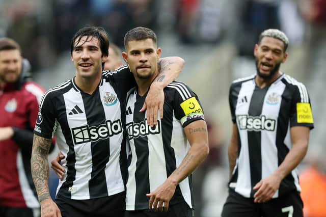Sandro Tonali (left), Bruno Guimaraes (centre) and Newcastle United teammate Joelinton